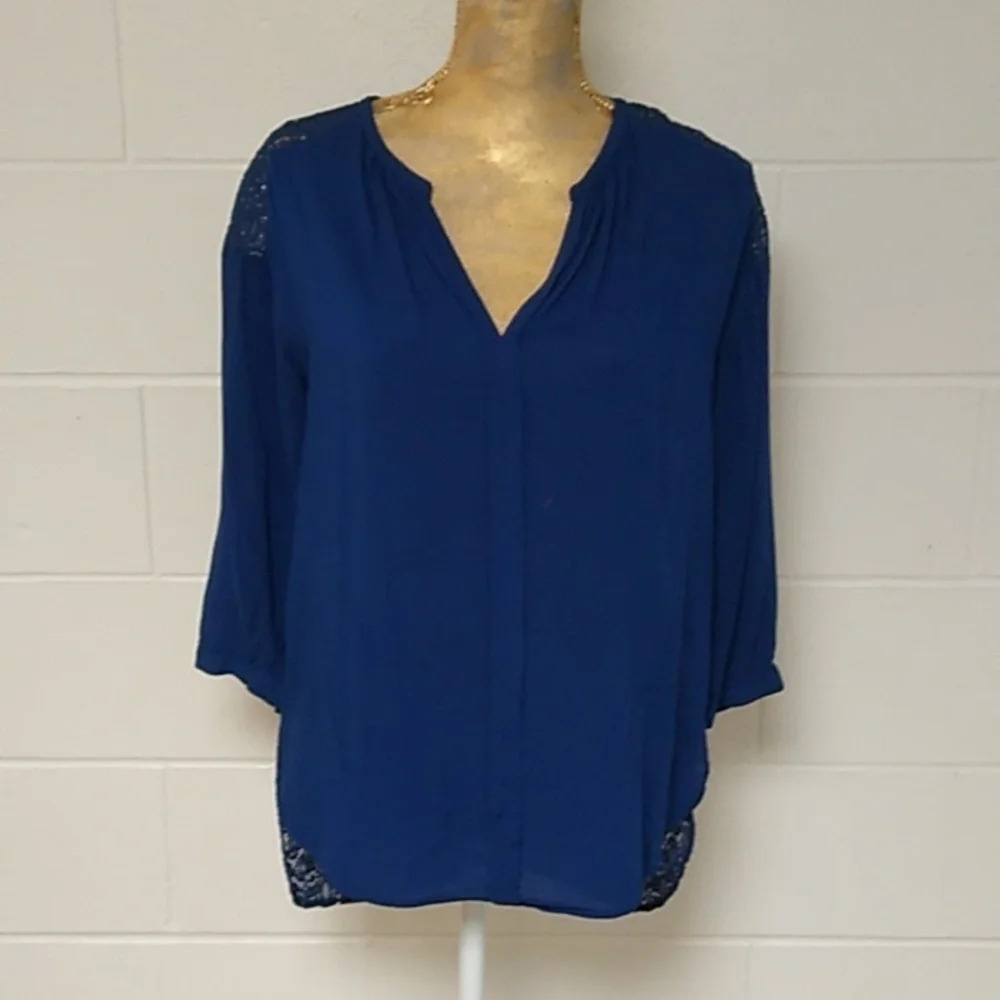 STYLUS NAVY BLOUSE TUNIC WITH  LACE DETAILS, 3/4 SLEEVES